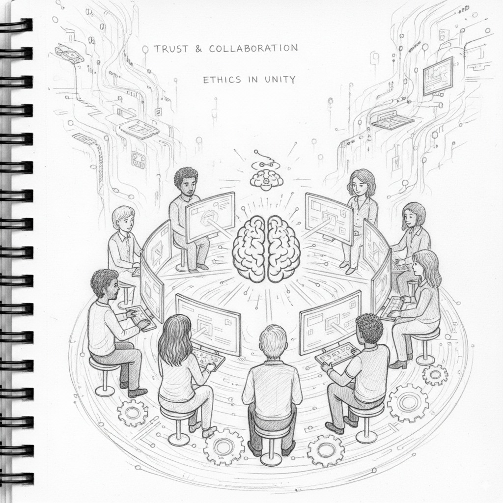 Trust & Collaboration - Ethics in Unity illustration showing people working together around AI technology